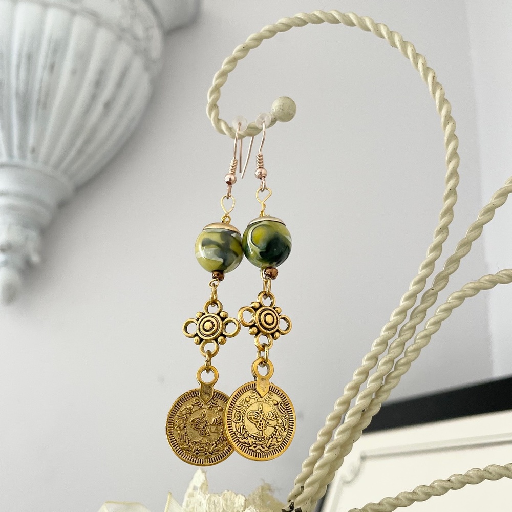 Green Gypsy Lucite Swirl Bead Earrings